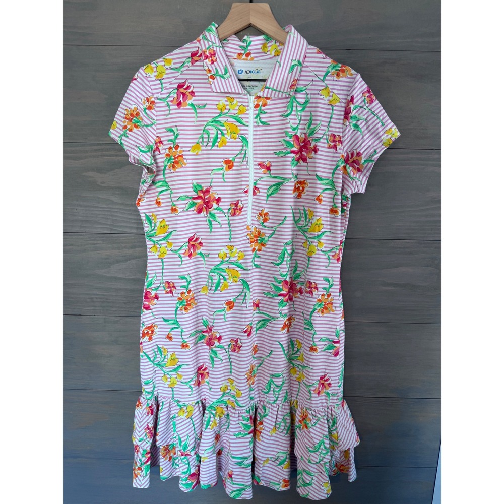 IBKÜL Joanna Stripe Floral Icefil UPF 50 Dress Pink White‎ Large Golf Tennis